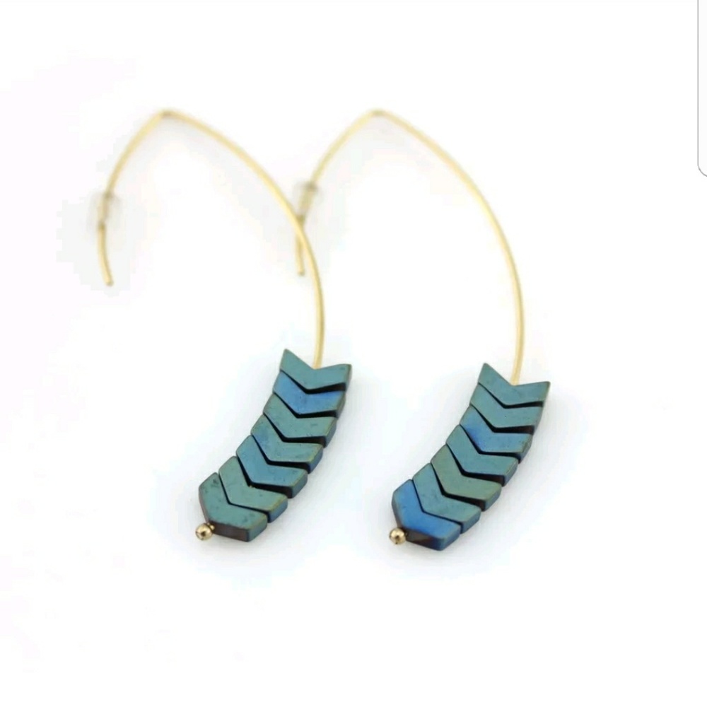 Women Chevron Drop Earrings Natural Hematite Stone - Picture 5 of 8